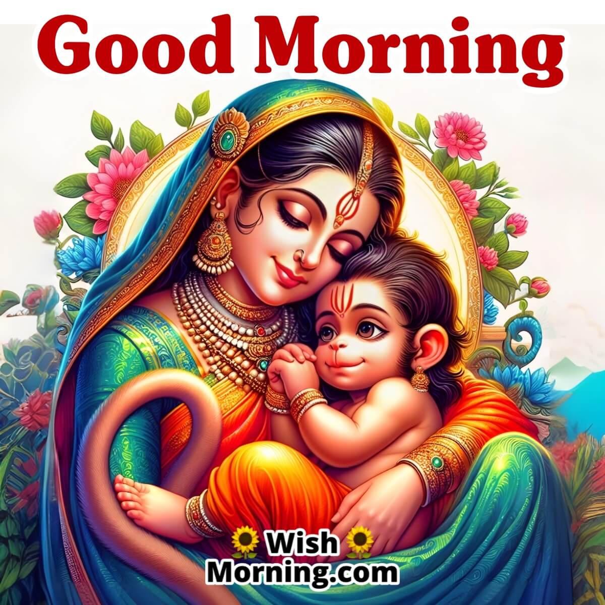 Baby Hanuman's Sunrise Cuddles With Mom