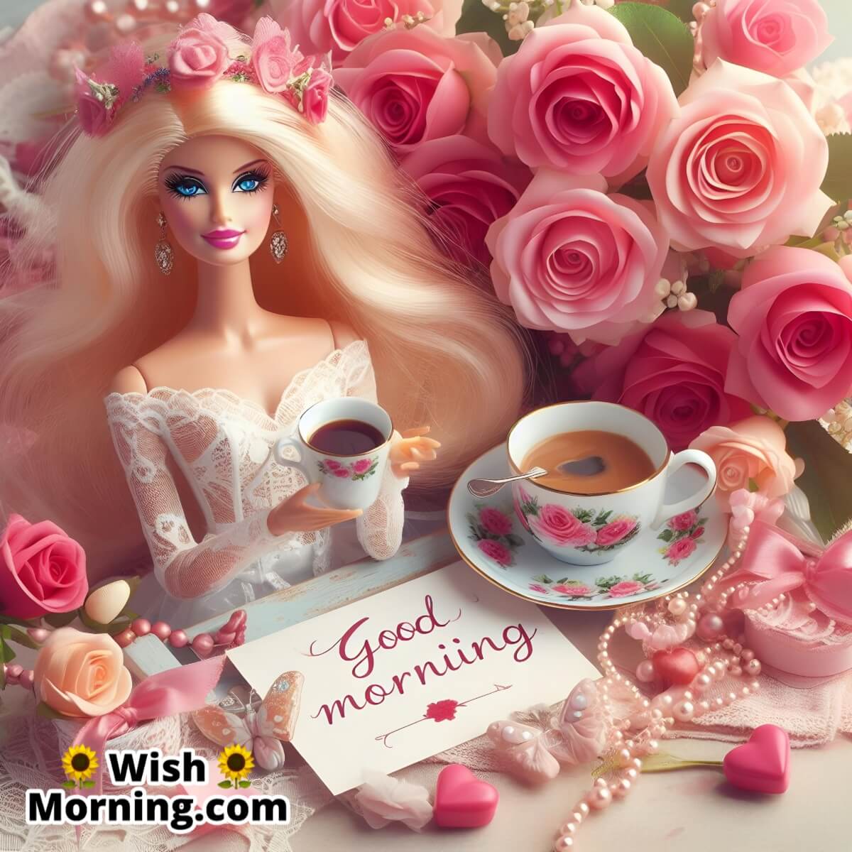 Good Morning Barbie With Roses And Coffee