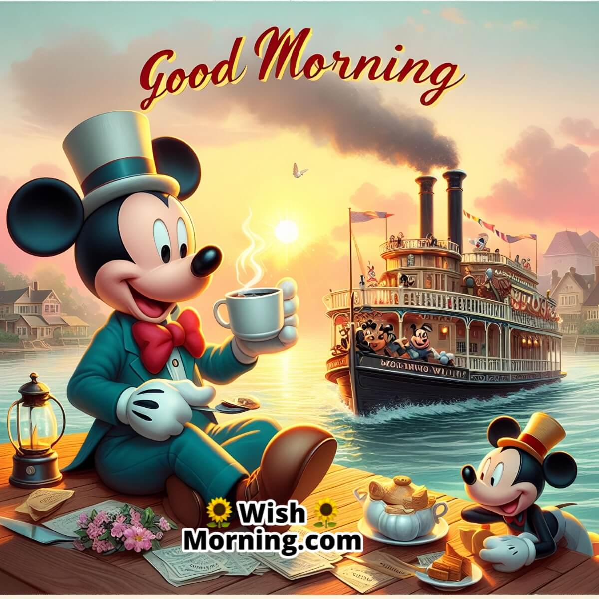 Mickey Take Morning Coffee On Steamboat Willie