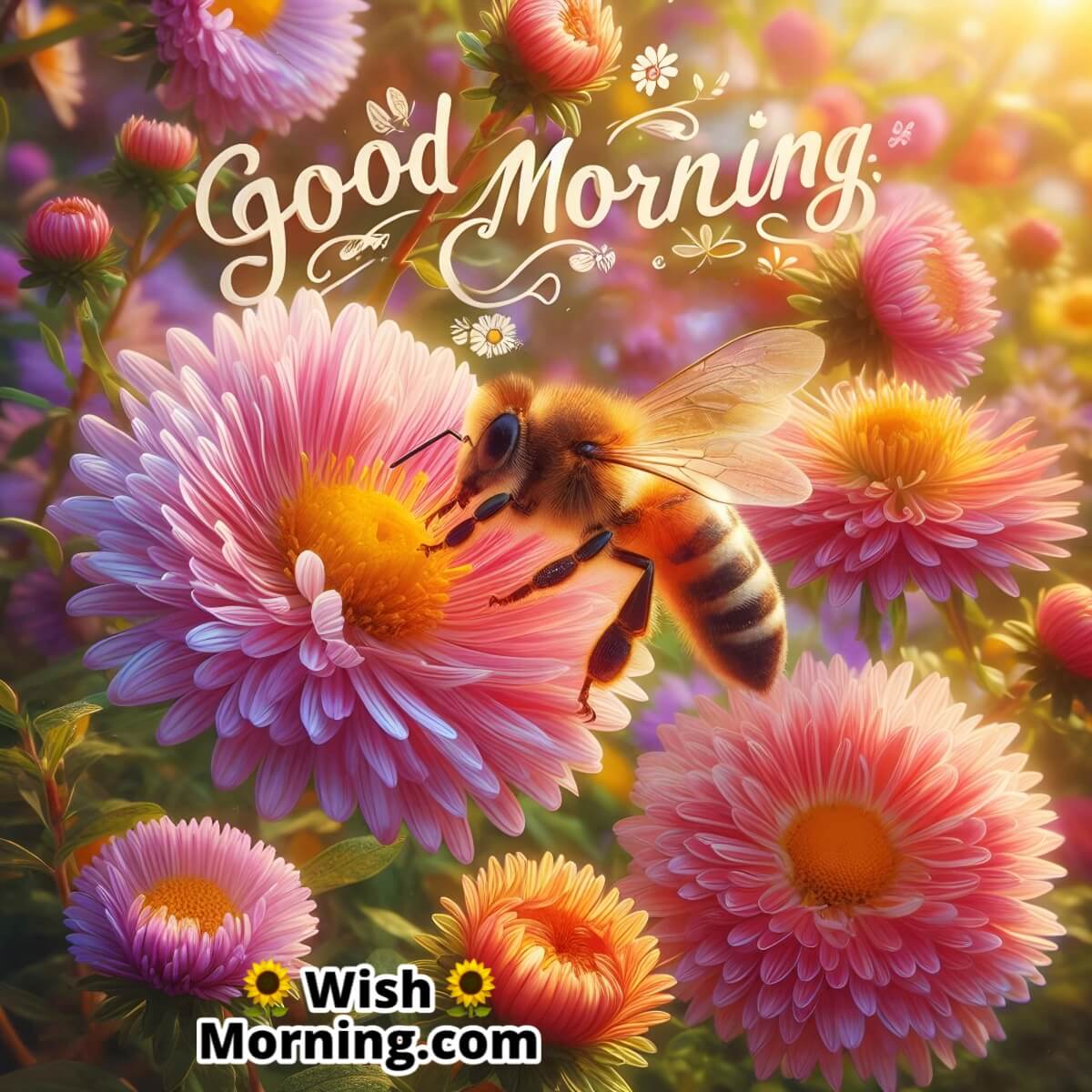 Good Morning Honey Bee On Blooming Aster