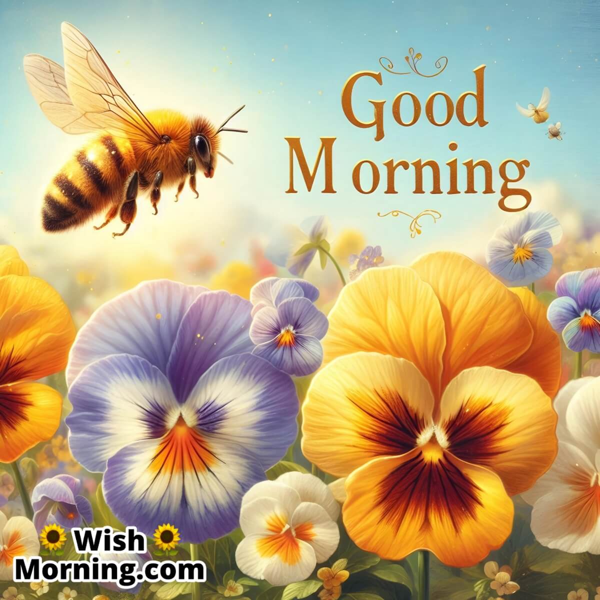 Good Morning Honey Bee On Blooming Pansy
