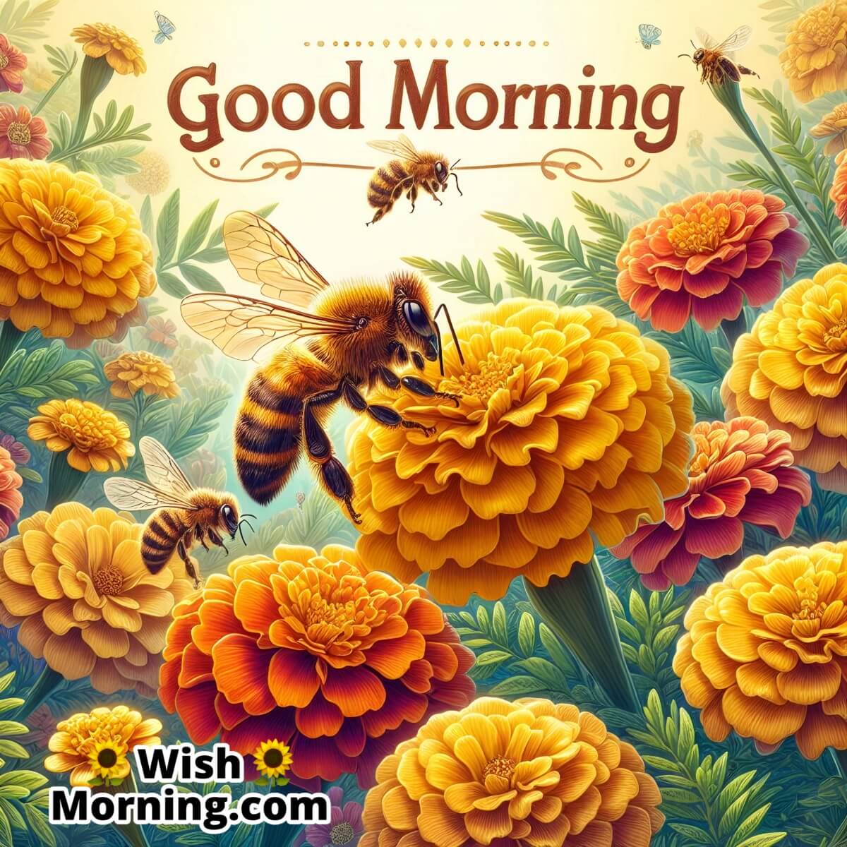 Good Morning Honey Bee On Marigold