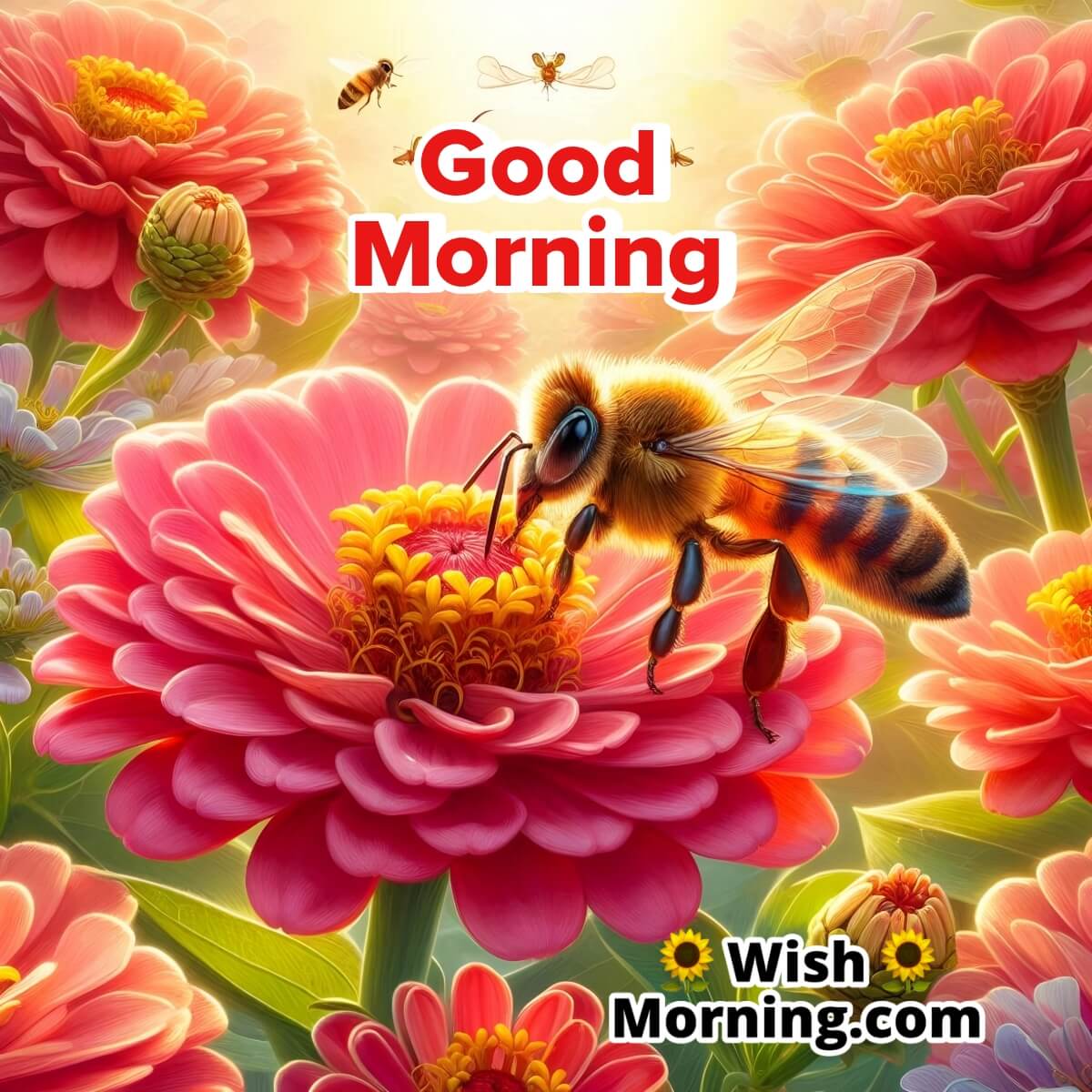 Good Morning Honey Bee On Red Zinnia