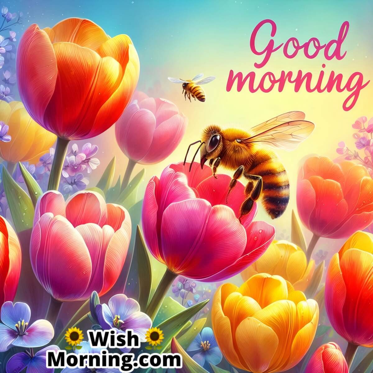 Good Morning Honey Bee On Tulip