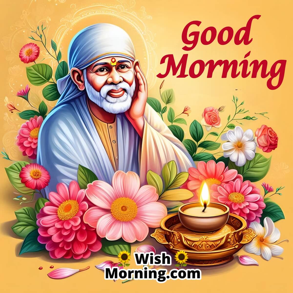 Good Morning Saibaba With Flowers