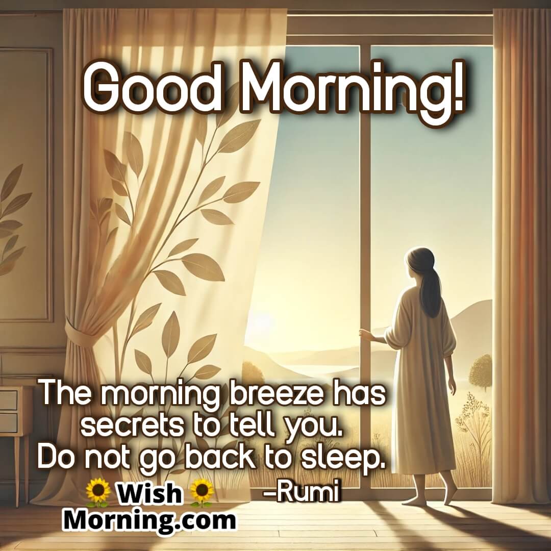 Person standing by an open window, curtains flowing with a gentle morning breeze, serene landscape in the background, soft light colors.