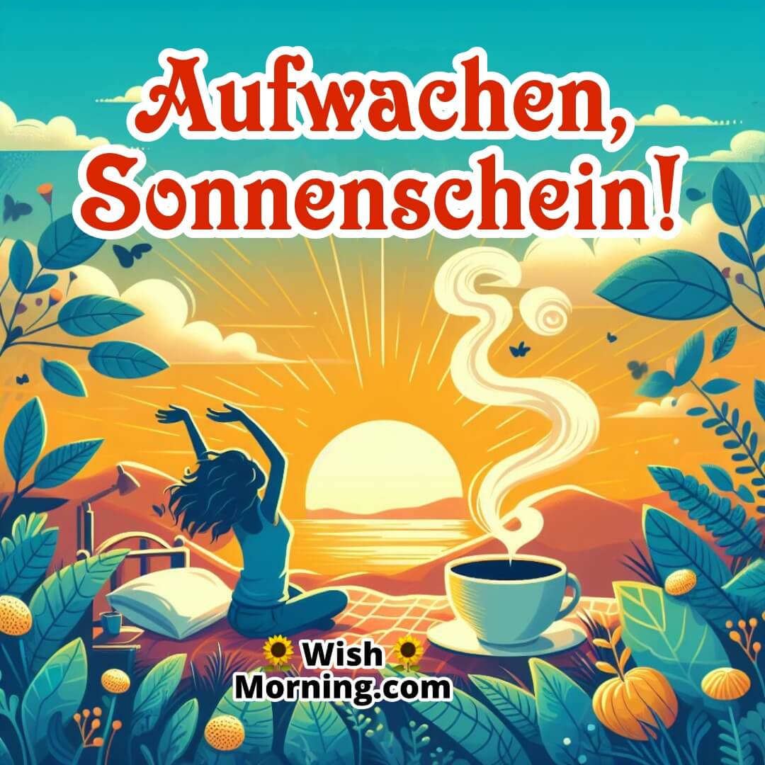 A person waking up background with Aufwachen, Sonnenschein text