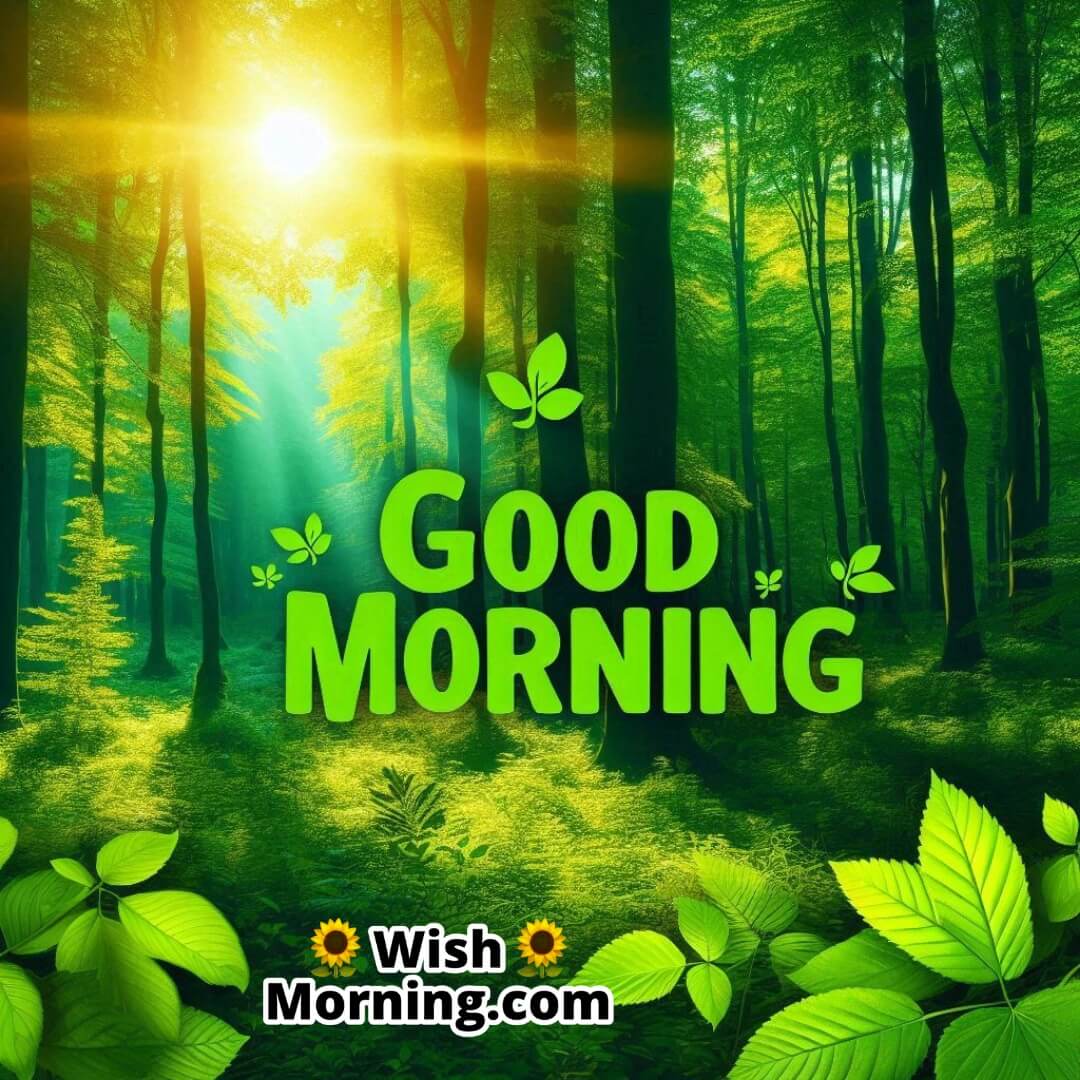 Bright green forest bathed in sunlight; bold green Good Morning text complements the lively scene.