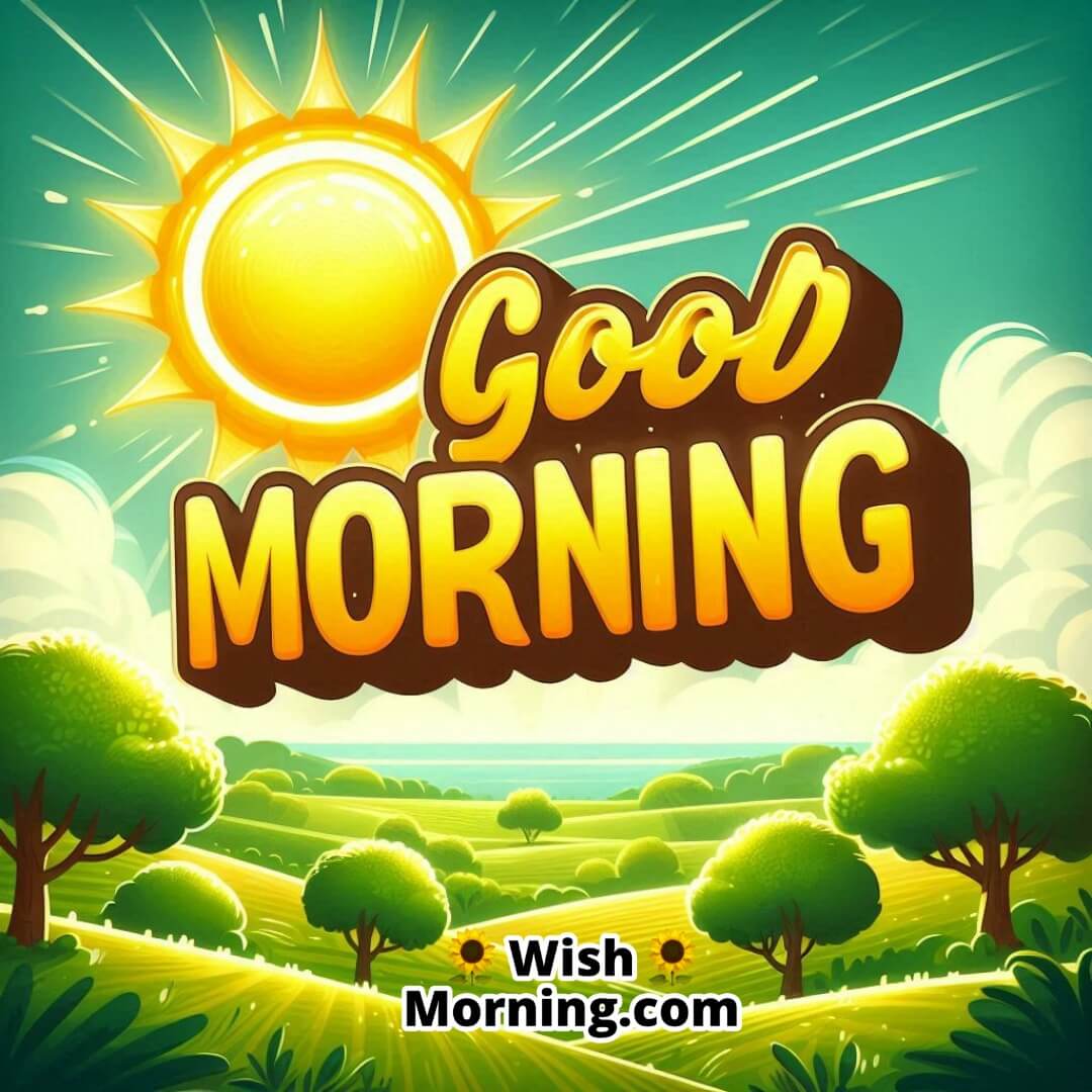Cheerful countryside morning with bright sun; bold yellow Good Morning text near the sun.