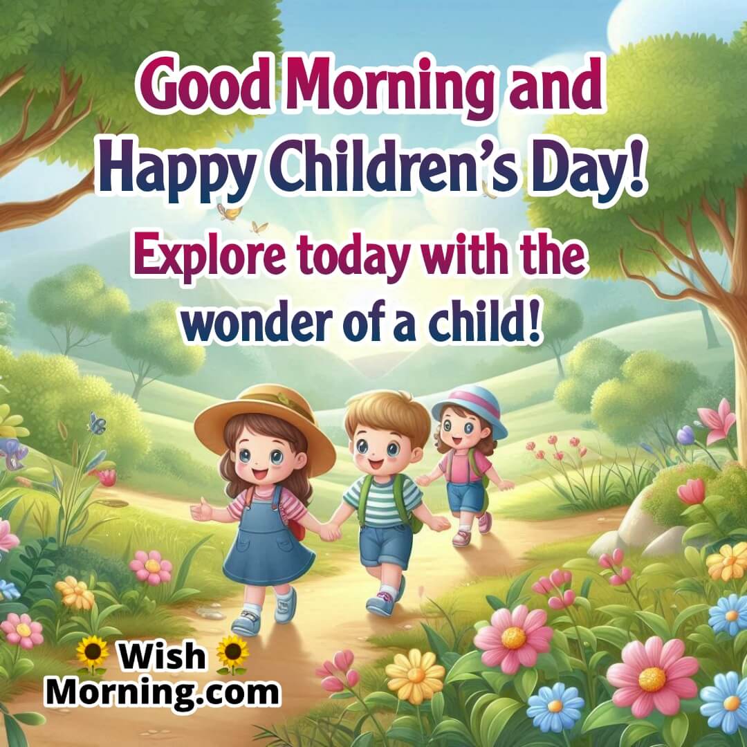 Children exploring nature on a sunny morning, great for Good Morning Children’s Day wishes.