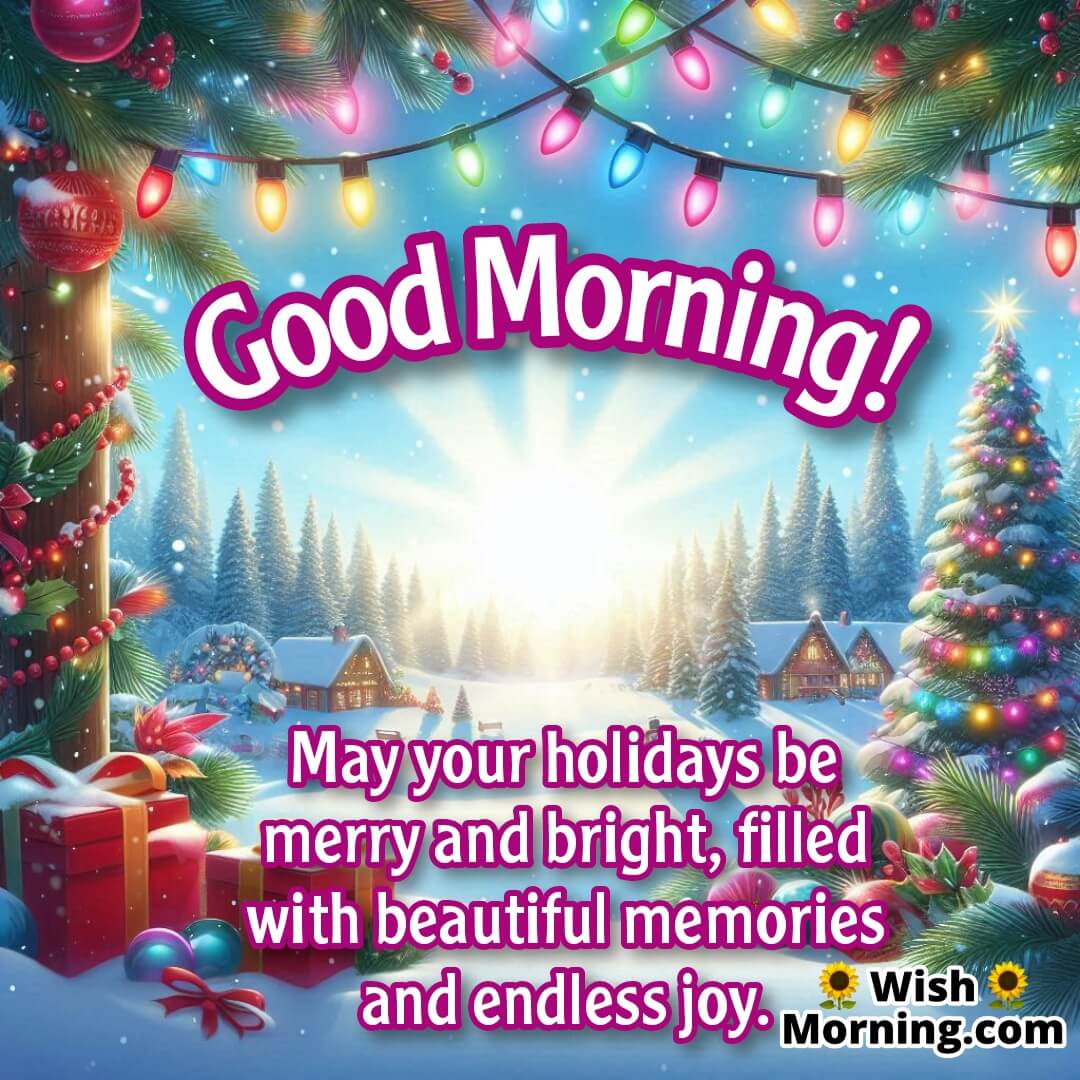 Snowy holiday scene with holiday lights and room for festive wishes.