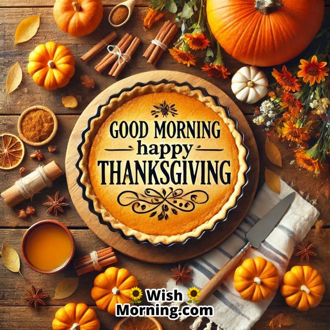 Pumpkin pie with cinnamon and flowers, featuring Good Morning Happy Thanksgiving text