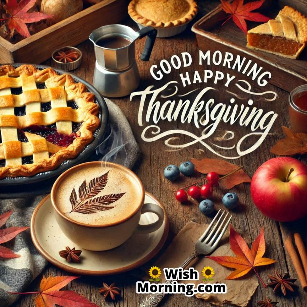 Coffee and pie slices in a rustic setting with Good Morning Happy Thanksgiving text