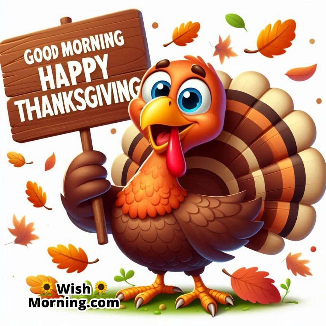 Turkey holding a sign with Good Morning Happy Thanksgiving.