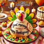 Turkey-shaped cake on a decorated table with Good Morning Happy Thanksgiving text.