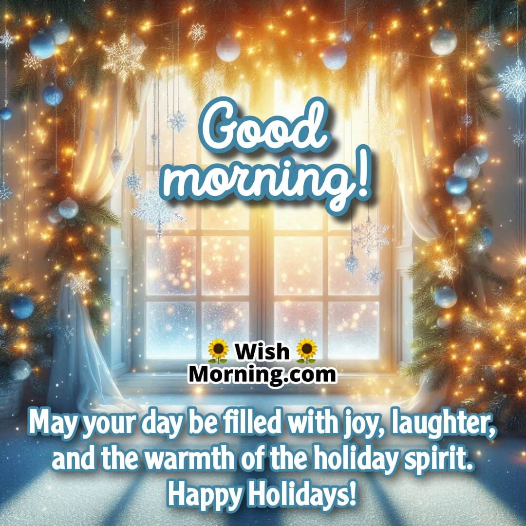 Sunlit holiday morning with falling snowflakes, ready for Happy Holidays message.