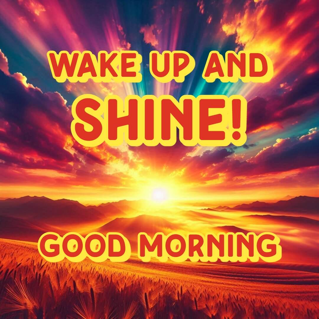 Wake Up And Shine! text on an image showcasing the beauty of the sunrise
