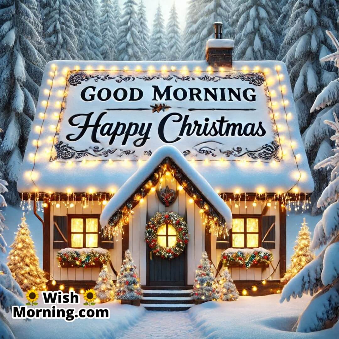 Snowy cottage with Christmas lights and "Good Morning Happy Christmas" on the roof.