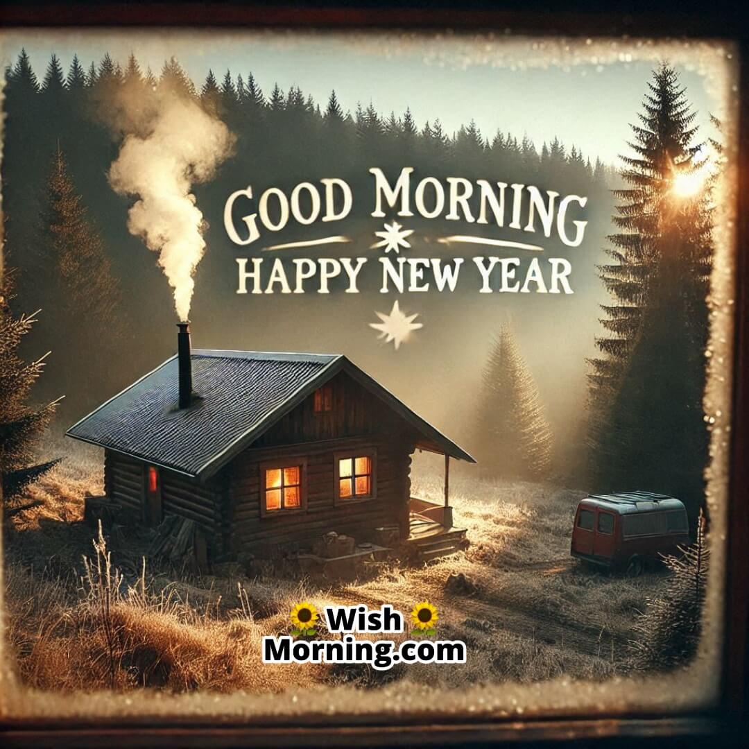 New Year’s Day cabin with warm light and Good Morning Happy New Year in the window frost.