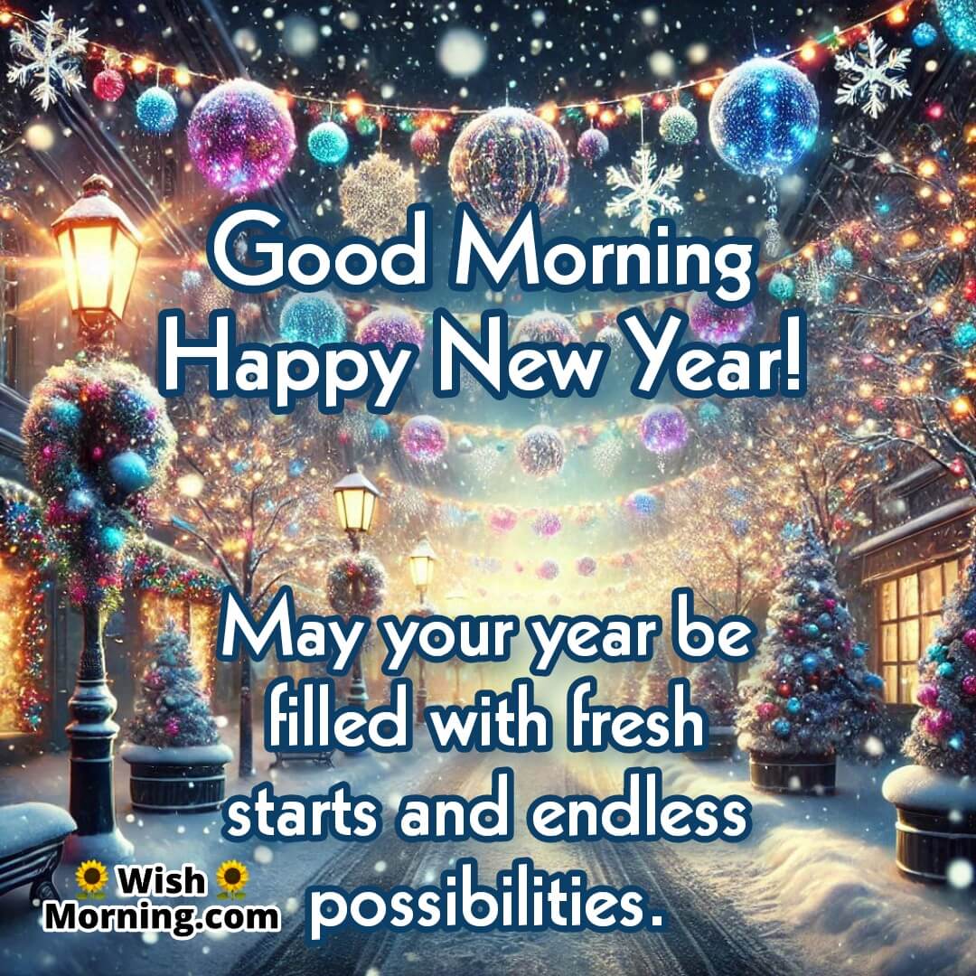A snowy street with New Years decorations, perfect for winter New Year greetings.