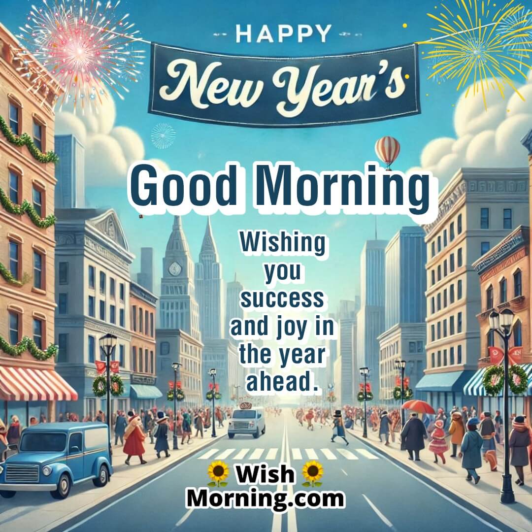 A bustling city street scene celebrating New Years Day, perfect for morning greetings.