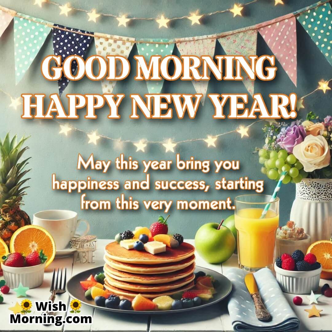 A festive New Years breakfast spread with champagne and pancakes, ideal for morning greetings.