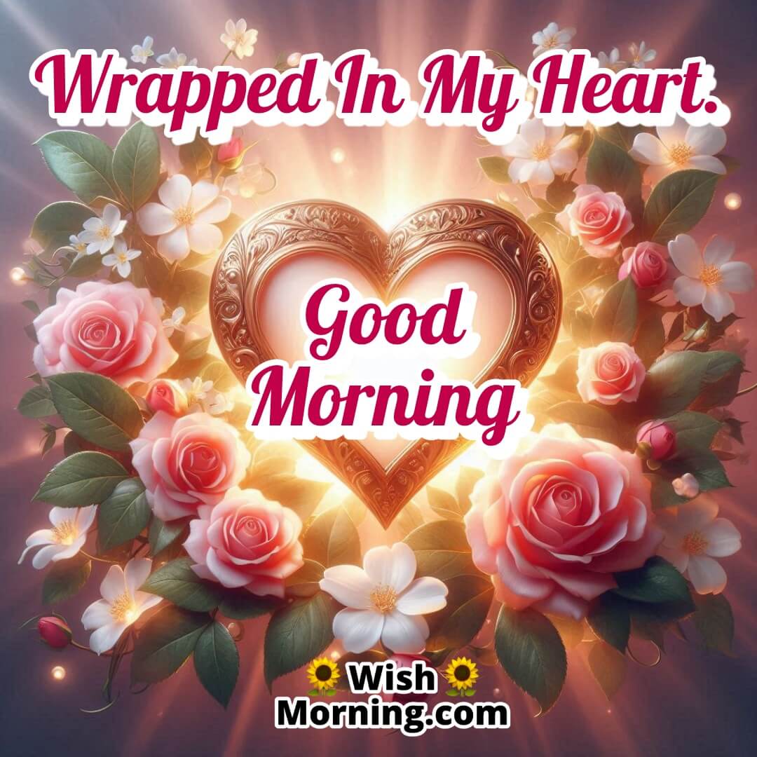 A heart-shaped ornament surrounded by flowers like roses and jasmine, glowing under a warm, cheerful morning light