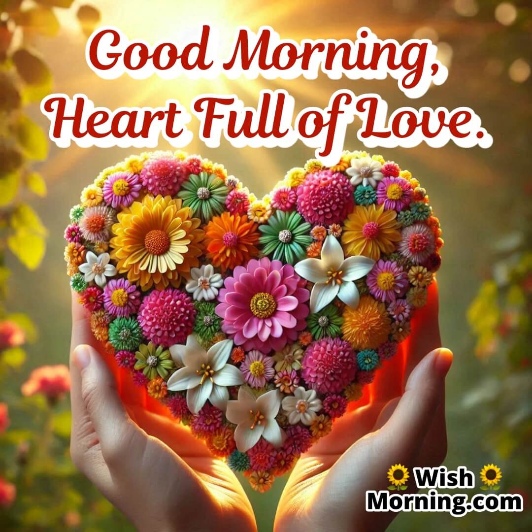 A bright and cheerful heart-shaped ornament with multicolored flowers, surrounded by soft golden light