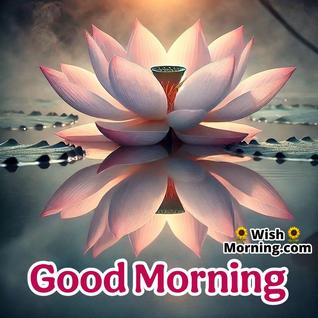 A serene lotus flower reflected on still water featuring a soft Good Morning overlay.