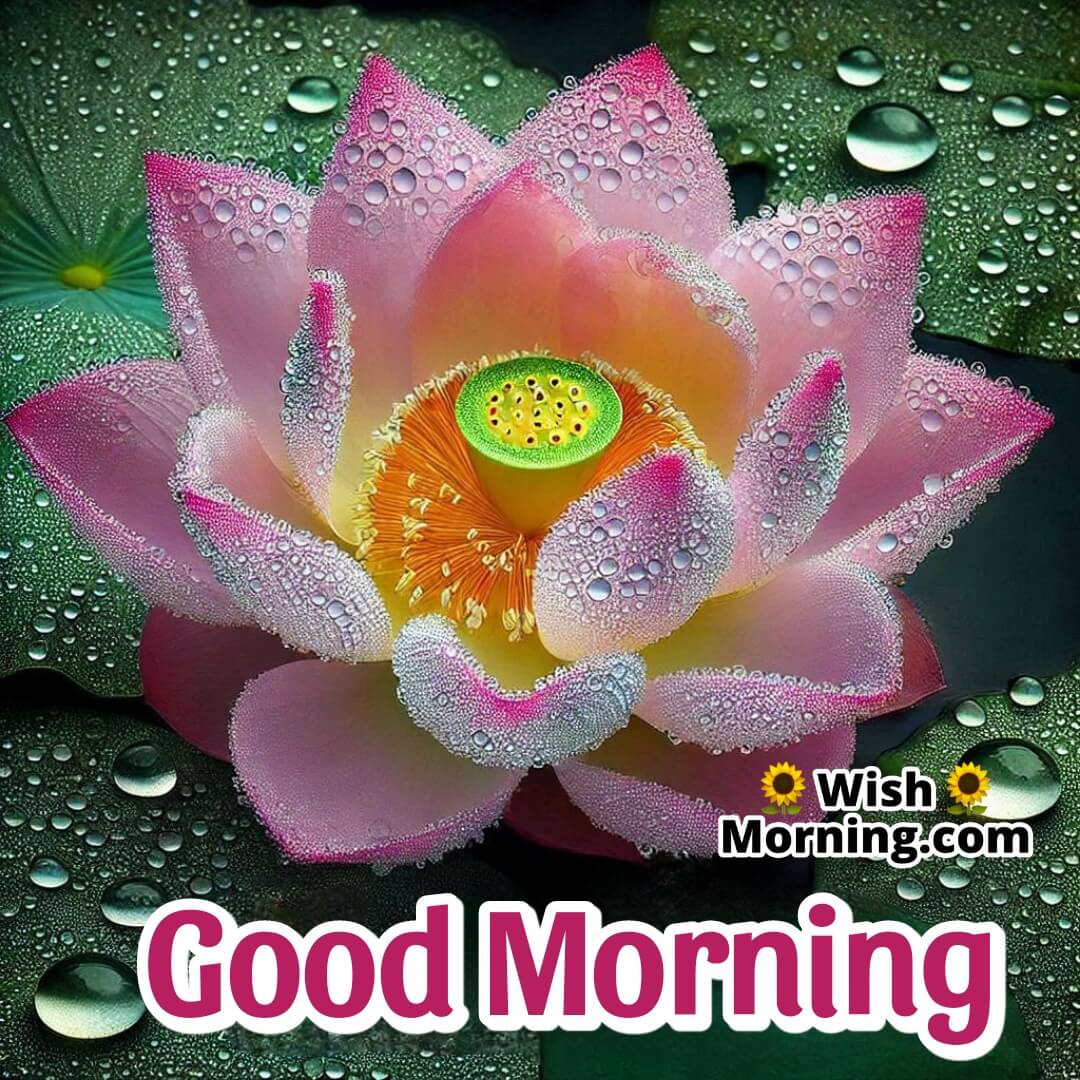 A close-up of a lotus flower adorned with morning dewdrops and a delicate Good Morning message.