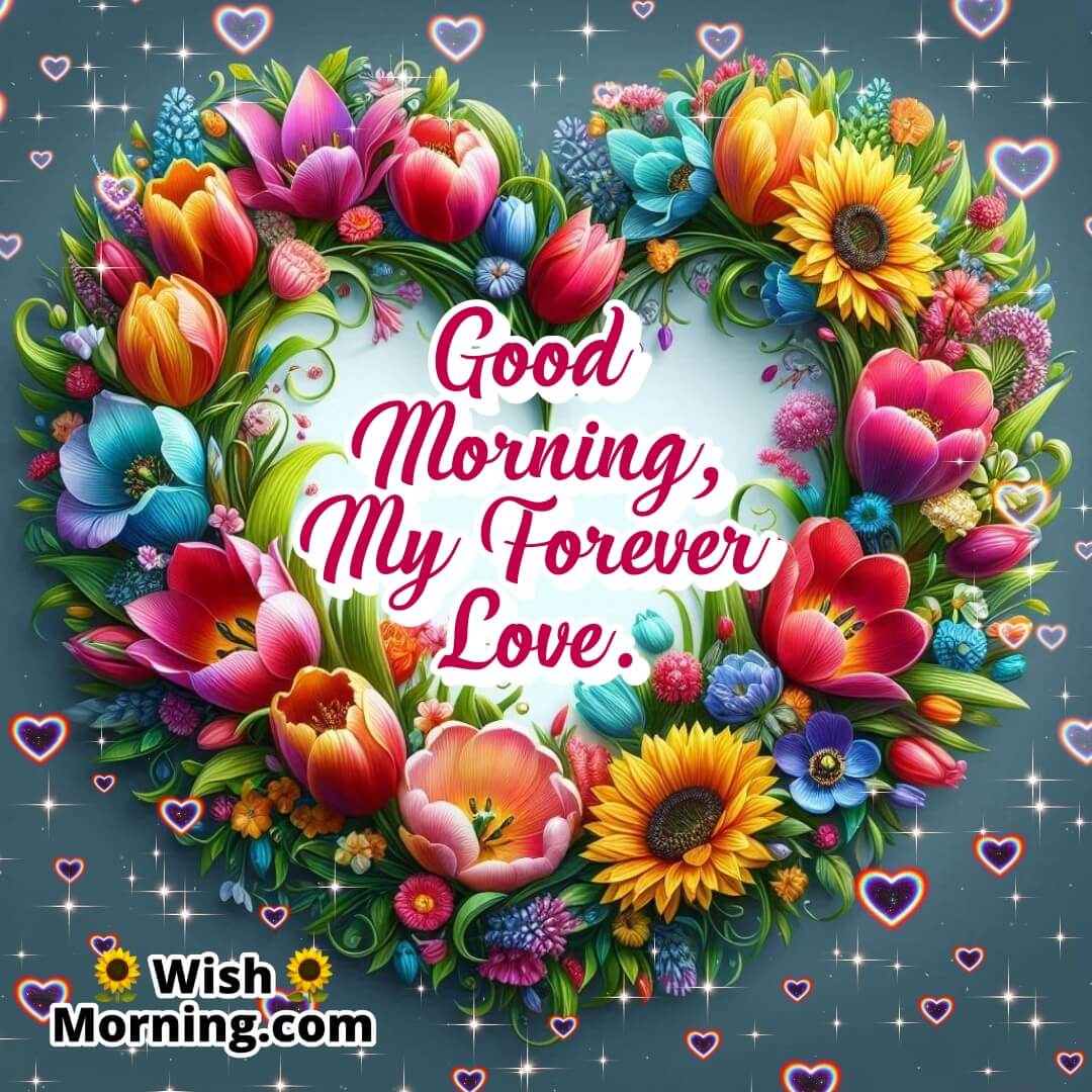 A heart-shaped ornament with colorful flowers like tulips and sunflowers, glowing under a warm morning sun