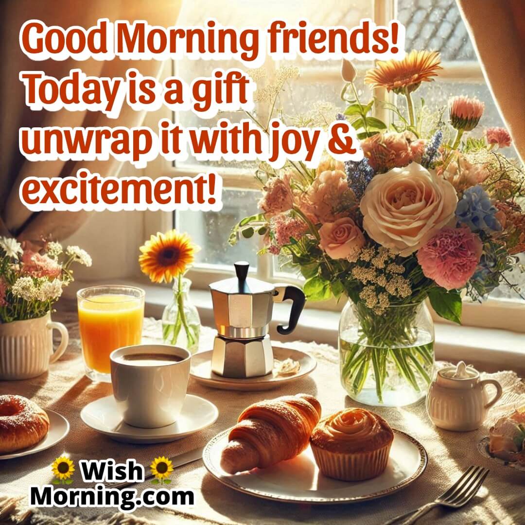 A cozy breakfast table with flowers, pastries, and sunlight streaming in. Includes a joyful morning message about gratitude.