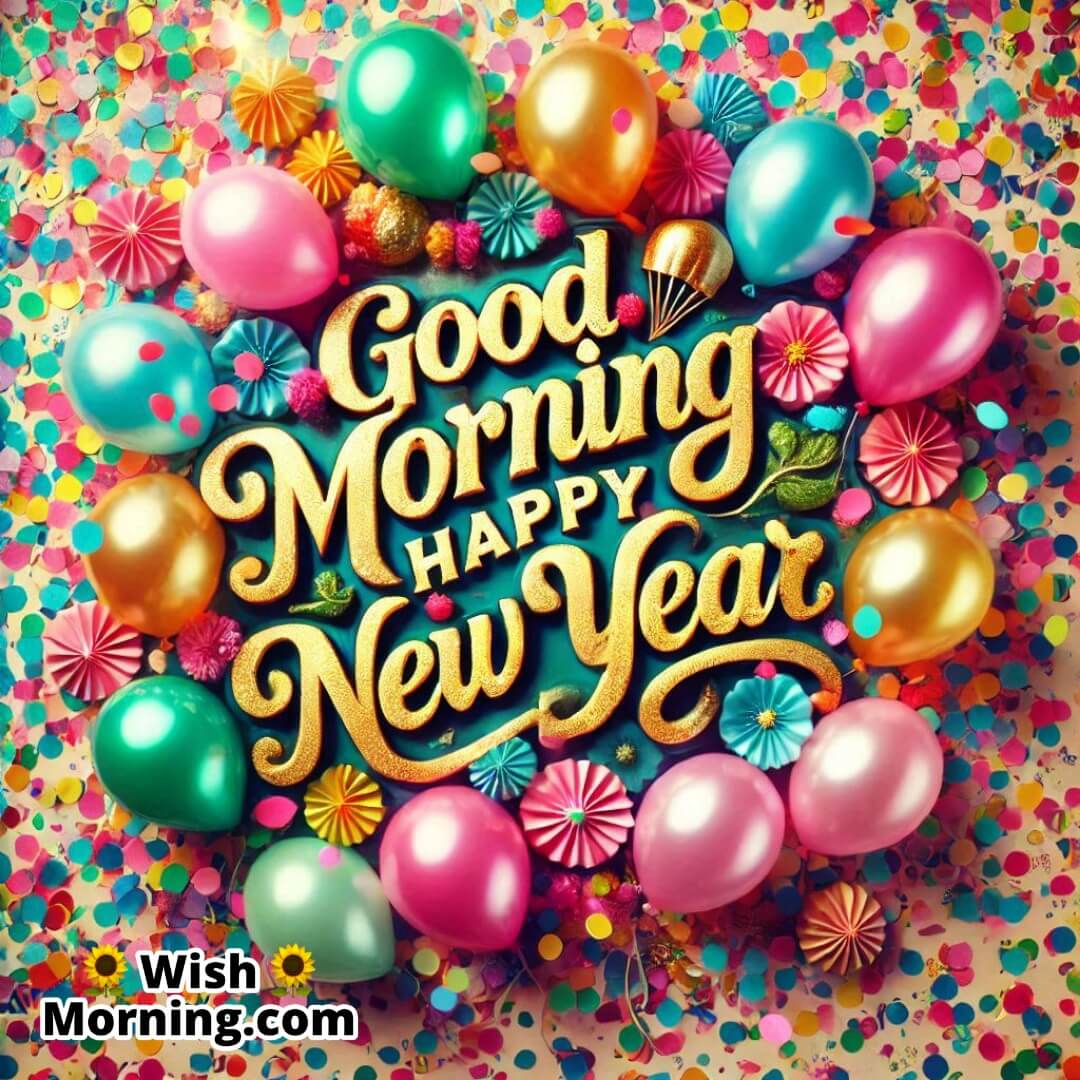 Colorful balloons and confetti with Good Morning Happy New Year in the celebration.