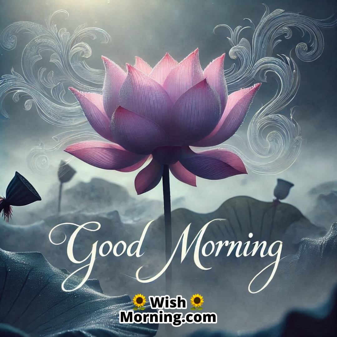 A mystical lotus flower surrounded by morning mist with Good Morning in flowing font.