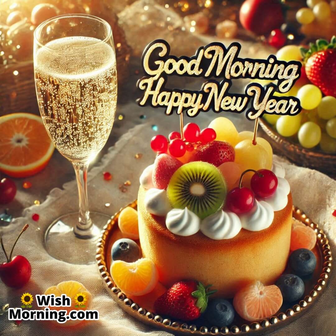 New Year’s Day breakfast with champagne and Good Morning Happy New Year in the champagne bubbles.