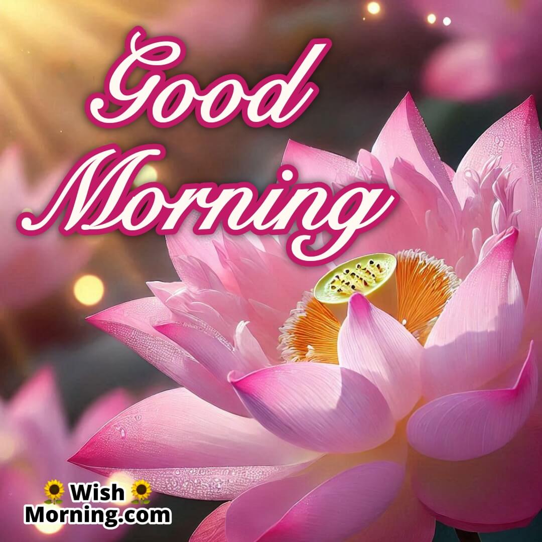 A close-up of delicate pink lotus petals with a bright Good Morning message.
