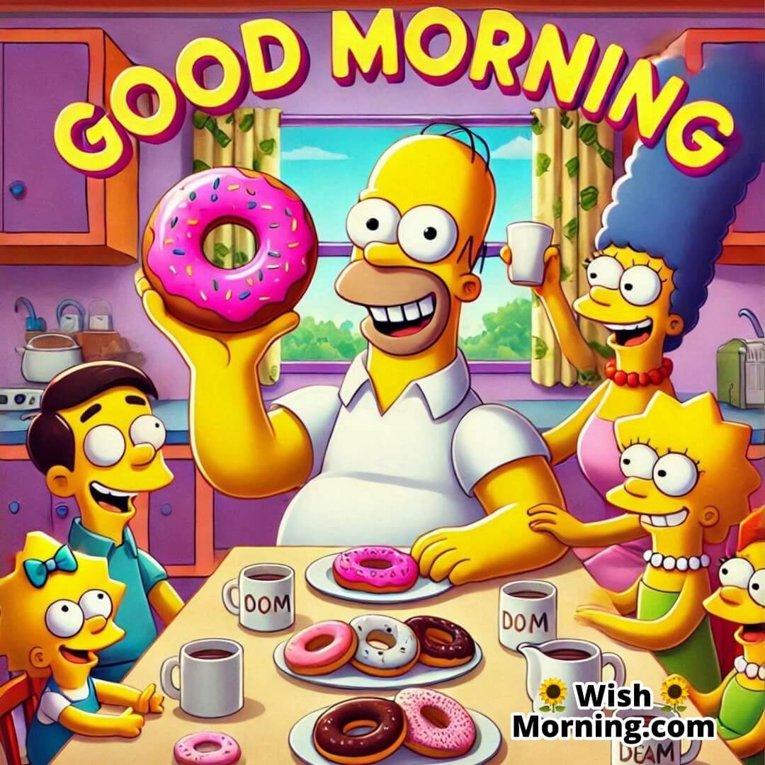 Homer Simpson holding a donut with a goofy smile, perfect for Good Morning wishes, space for text.