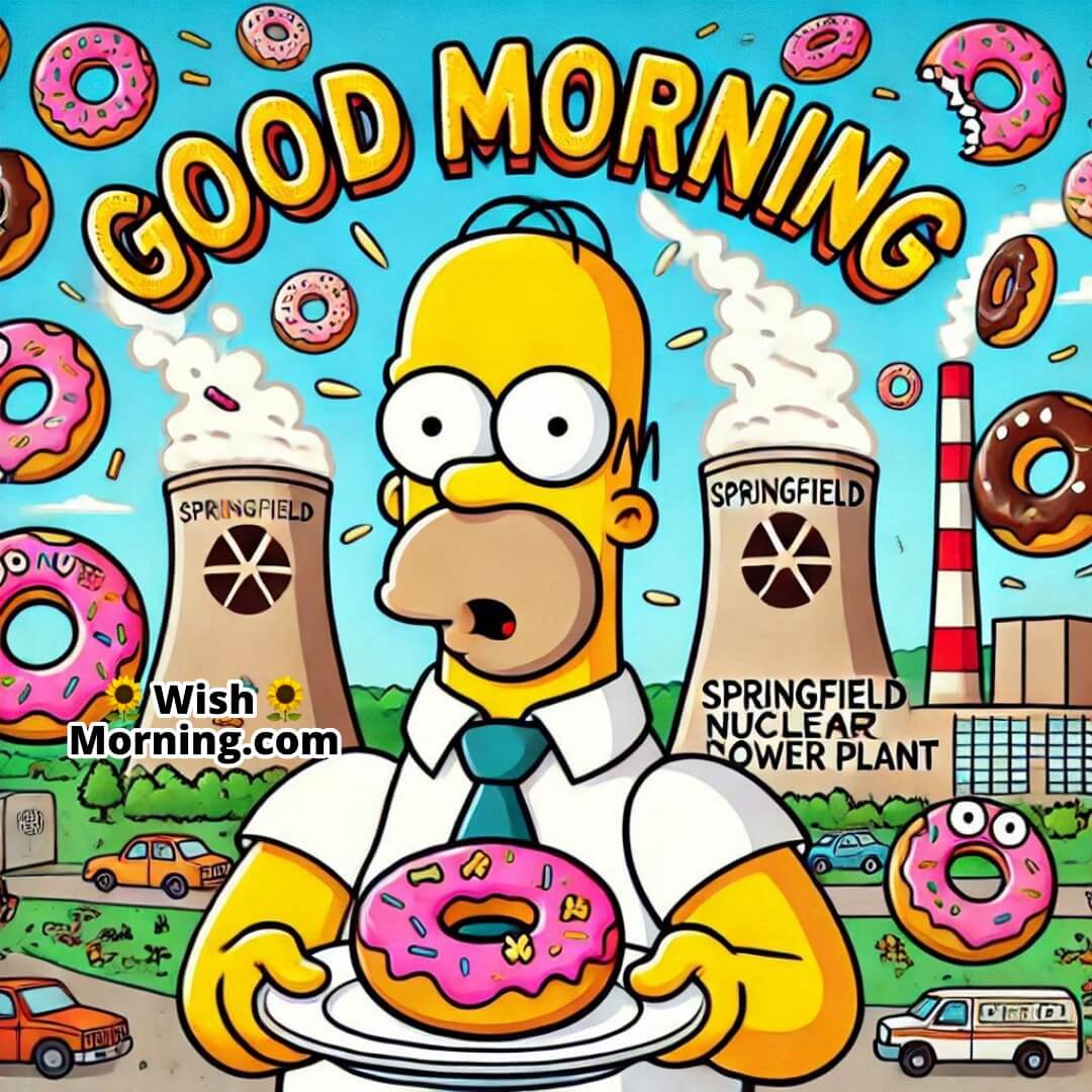 Homer Simpson in the Springfield Nuclear Power Plant with chaos and donuts, perfect for Good Morning wishes, space for text.