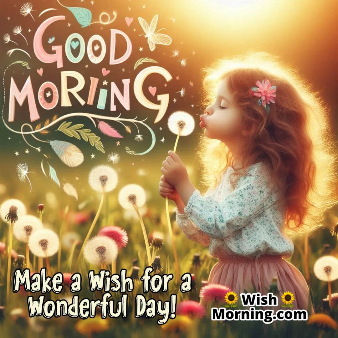 A girl blowing dandelions in a sunny field for a good morning greeting.