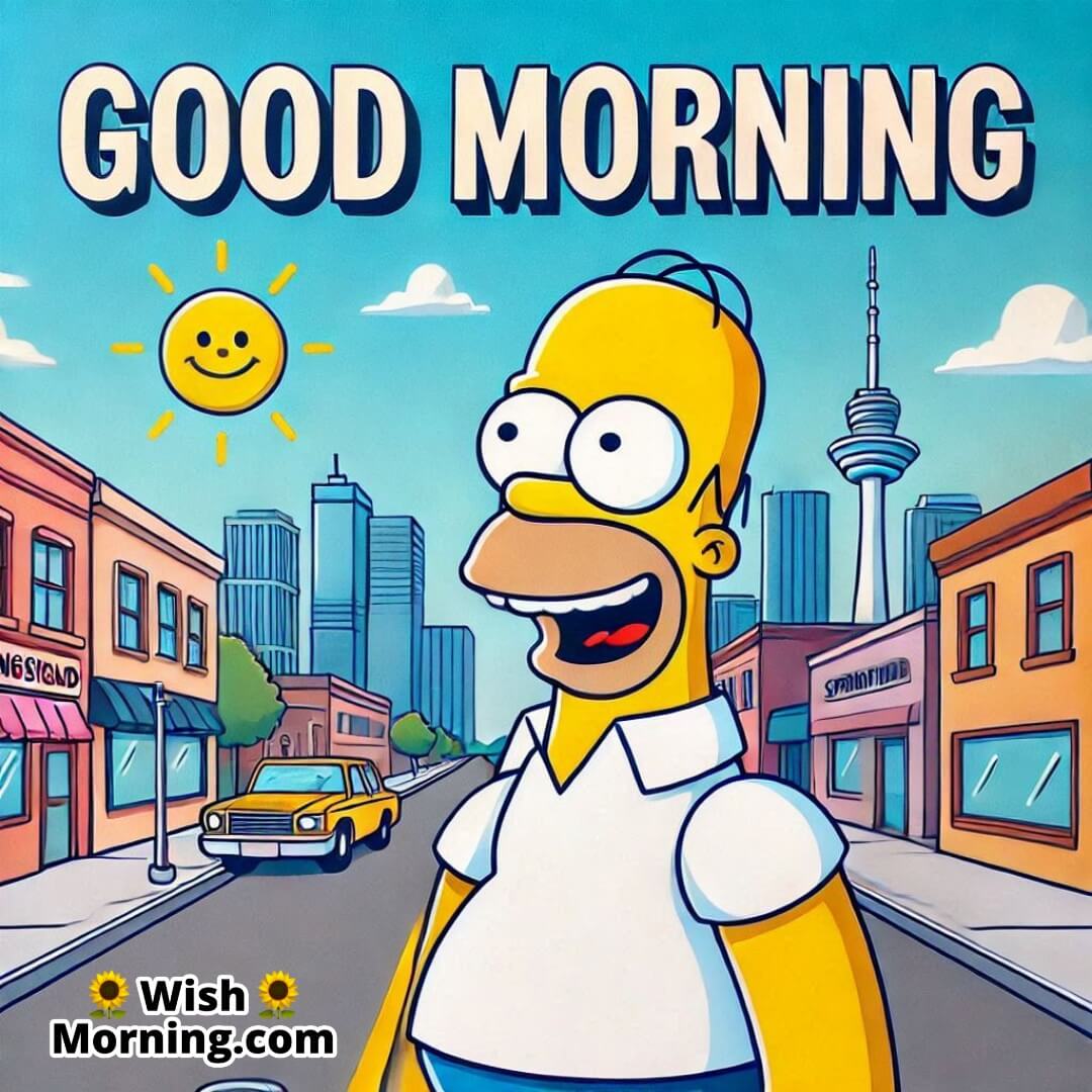 Homer Simpson in Springfield with a cheerful morning vibe, iconic cityscape in the background,