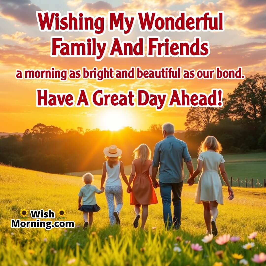 A family and friends walking in a sunrise-lit meadow, symbolizing strong and beautiful connections.