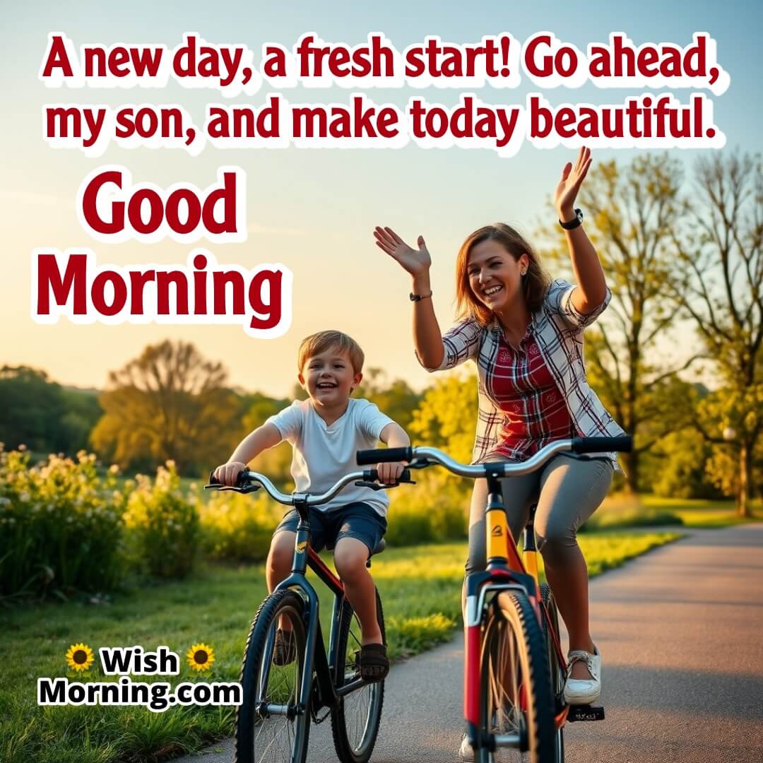 A mother cheering as her son rides his bike, symbolizing encouragement, new beginnings, and joy.