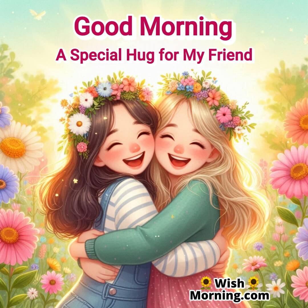 Two best friends hugging in a flower garden under the morning sun, symbolizing joy and friendship.