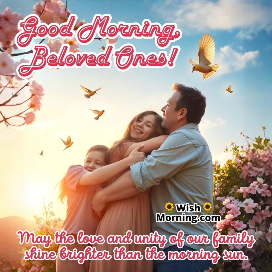 A family embracing under a bright morning sky, symbolizing love, unity, and warmth.