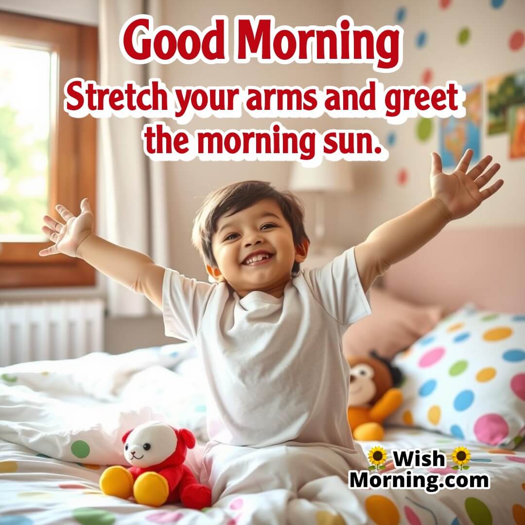 A happy child jumping out of bed with bright sunlight, symbolizing morning energy.