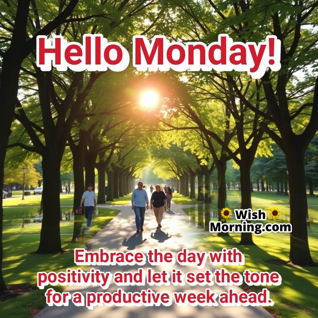 Cheerful park scene with sunlight through trees, symbolizing an optimistic and uplifting Monday.