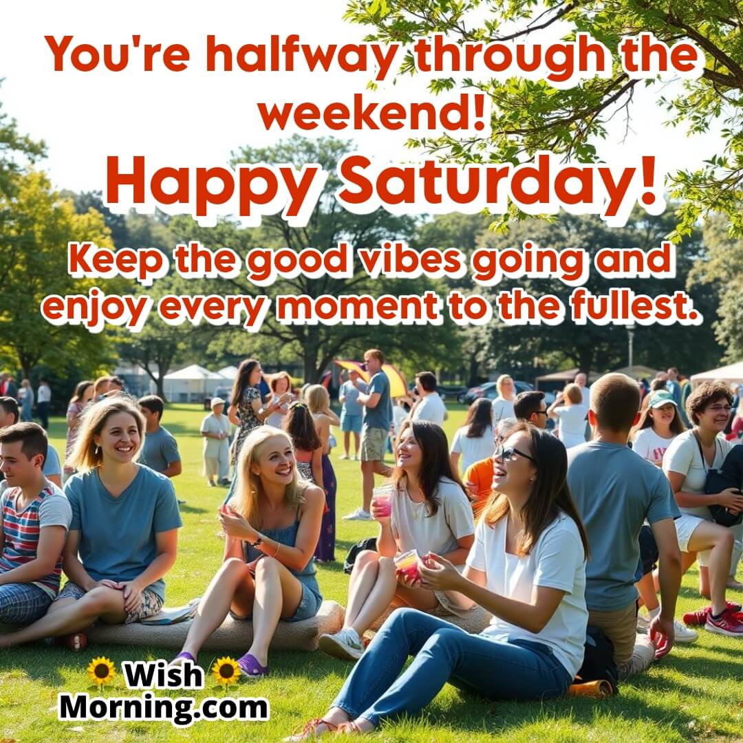 A vibrant Saturday park scene with people enjoying the weekend, symbolizing positivity and happiness.