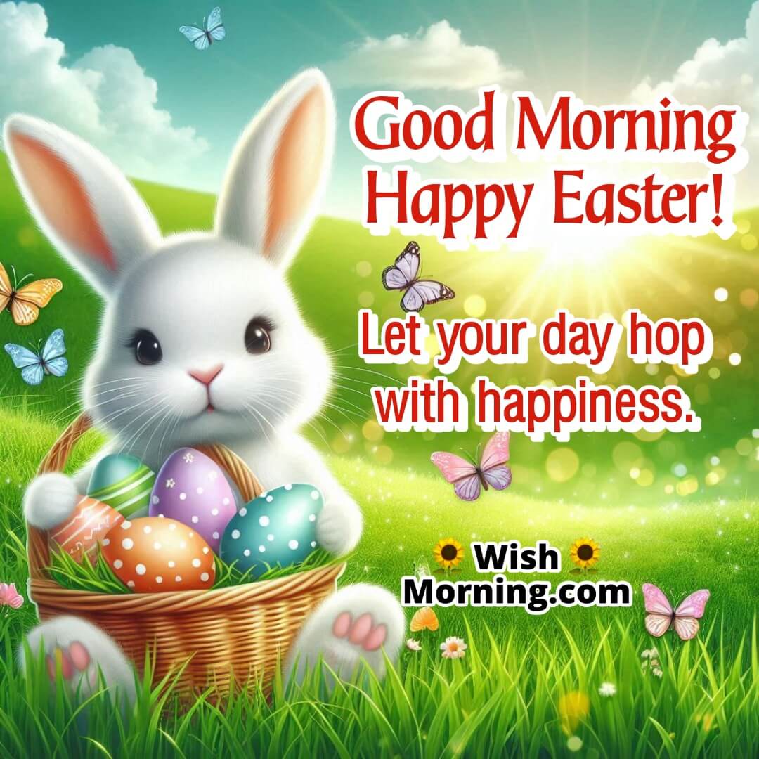 A happy Easter morning with a bunny and colourful eggs in a spring field.