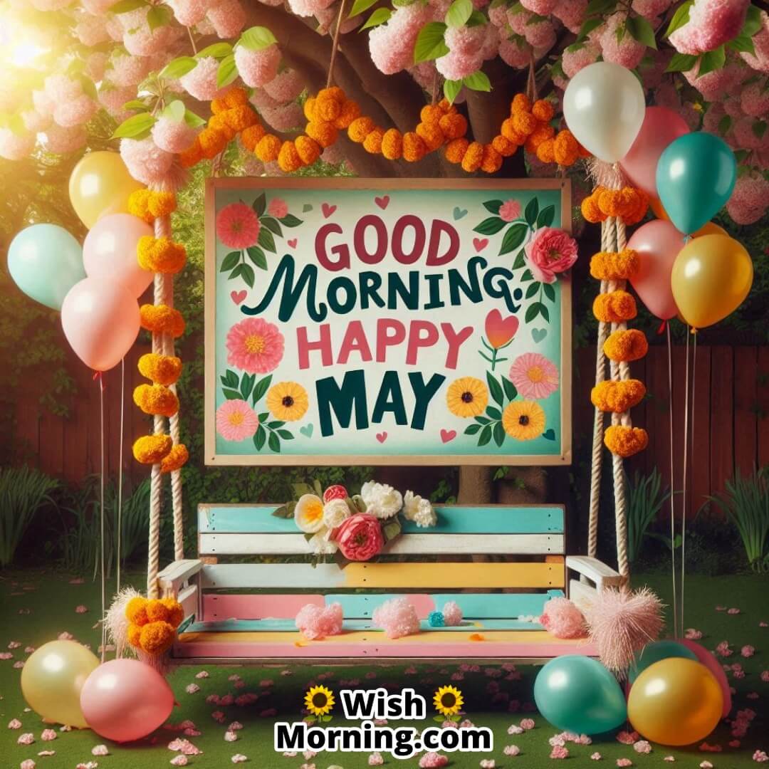 Cheerful garden swing scene celebrating the freshness and joy of a May morning.