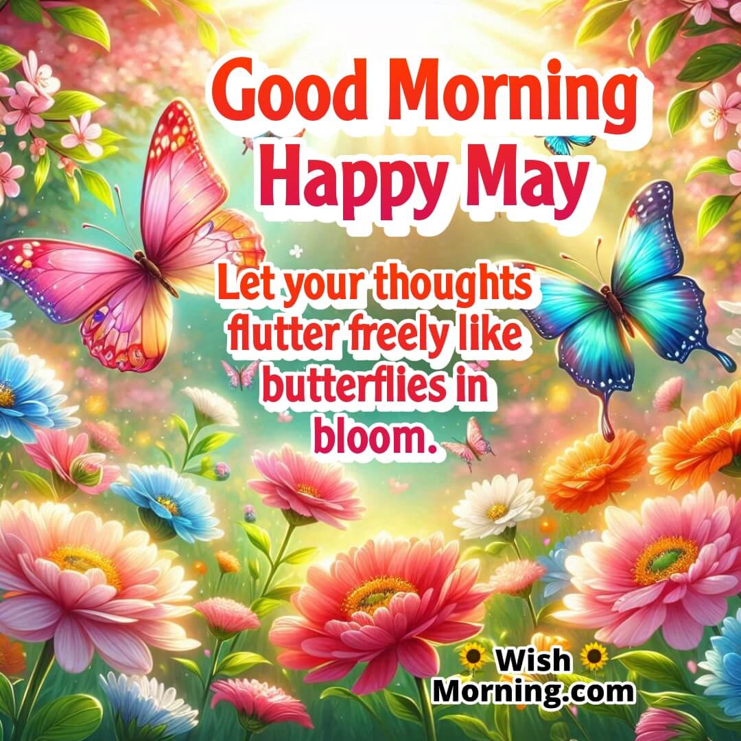 Good Morning Happy May featuring butterflies in a sunlit garden, symbolizing freedom, joy, and the magic of spring.